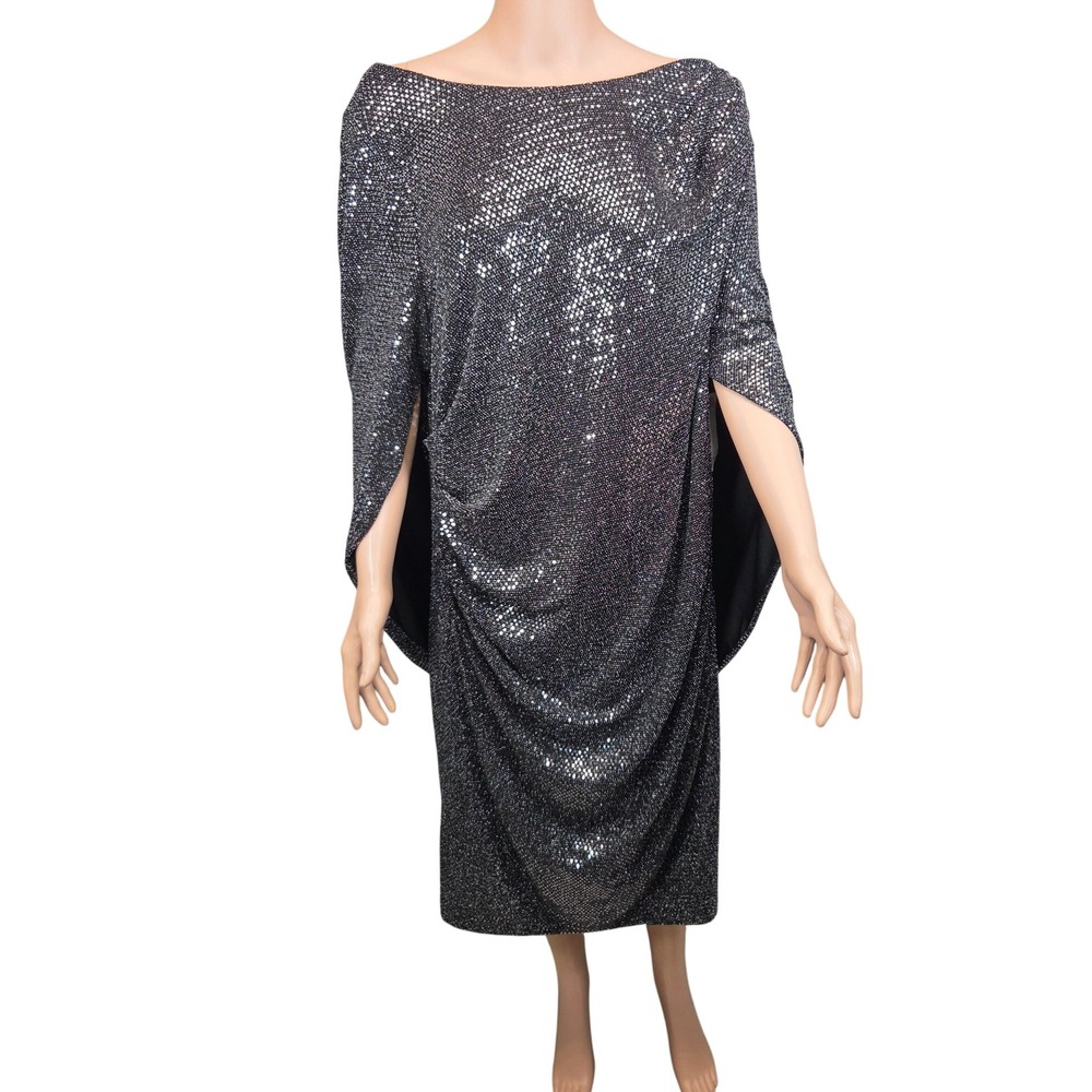 R&M Richards Cape Sheath Dress Women 20W Silver Black Metallic NWT Ruched Gala